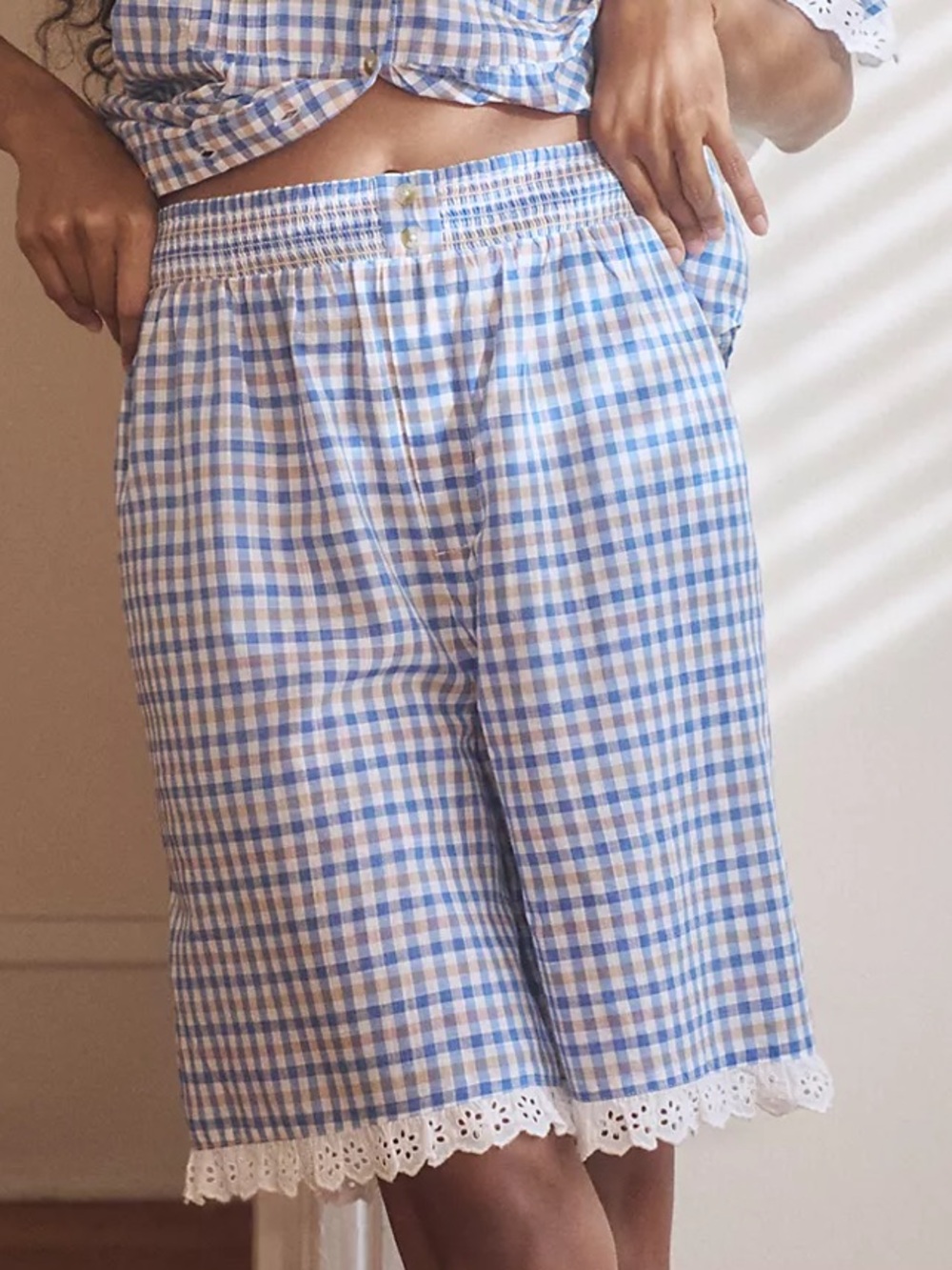 Anthropologie Blue & White Gingham Lace-Trim Bermuda Shorts S Cottagecore Rustic